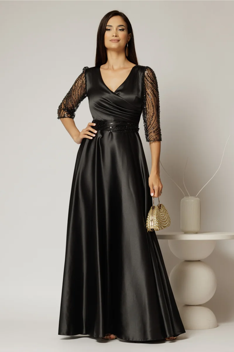 Rochie Adria lunga neagra cu cordon in talie