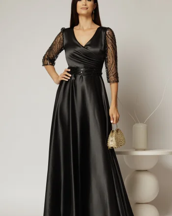 Rochie Adria lunga neagra cu cordon in talie