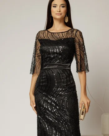 Rochie DY Fashion midi neagra din paiete si margele elegante