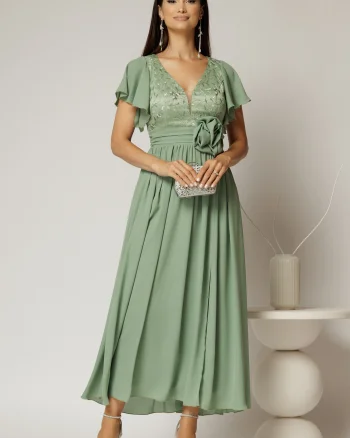 Rochie lunga verde fistic de ocazie cu broderie la bust si detaliu in talie