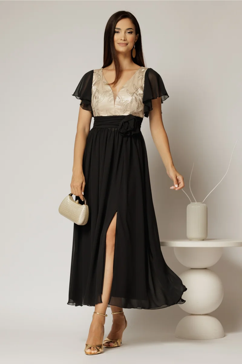 Rochie lunga neagra cu auriu de ocazie cu broderie la bust si detaliu in talie