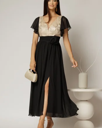 Rochie lunga neagra cu auriu de ocazie cu broderie la bust si detaliu in talie