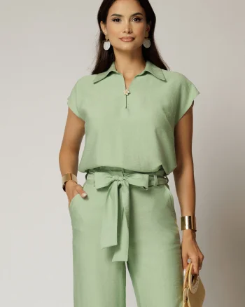 Bluza casual verde fistic din rayon cu croi lejer si decolteu