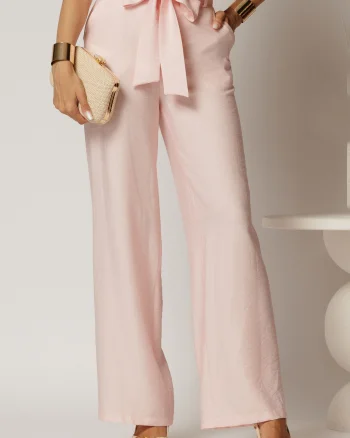 Pantaloni roz din rayon cu croi lejer si cordon in talie