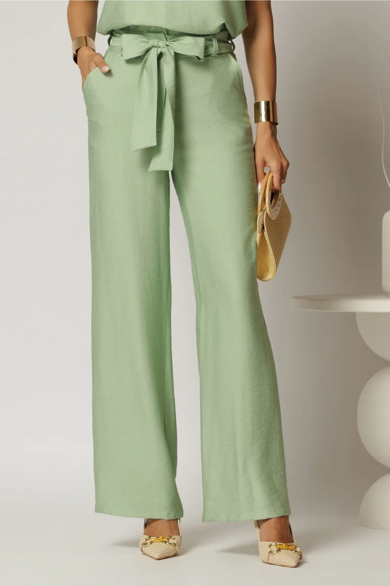 Pantaloni verde fistic din rayon cu croi lejer si cordon in talie