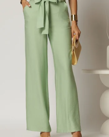 Pantaloni verde fistic din rayon cu croi lejer si cordon in talie