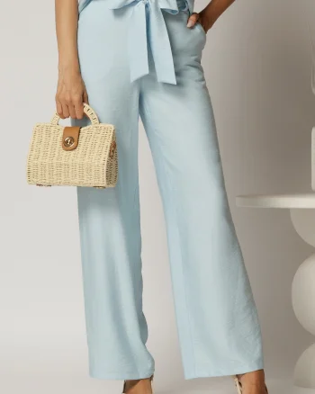 Pantaloni bleu din rayon cu croi lejer si cordon in talie
