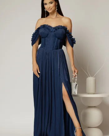 Rochie lunga bleumarin de ocazie din voal peliculizat cu bust tip corset