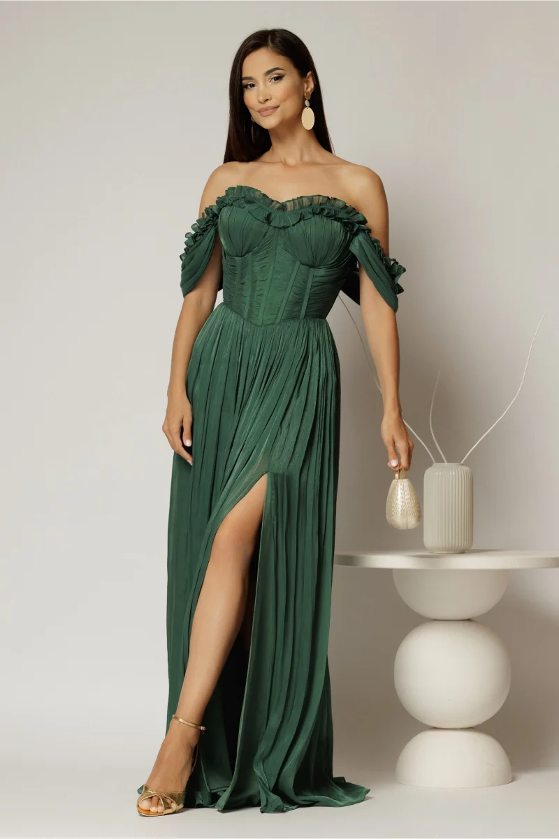 Rochie lunga verde de ocazie din voal peliculizat cu bust tip corset