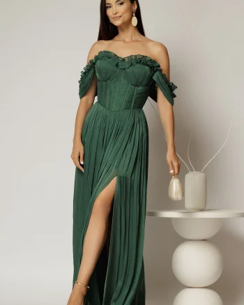 Rochie lunga verde de ocazie din voal peliculizat cu bust tip corset