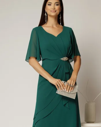 Rochie midi verde din voal cu accesoriu in talie