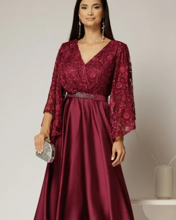 Rochie midi magenta de ocazie din satin si dantela
