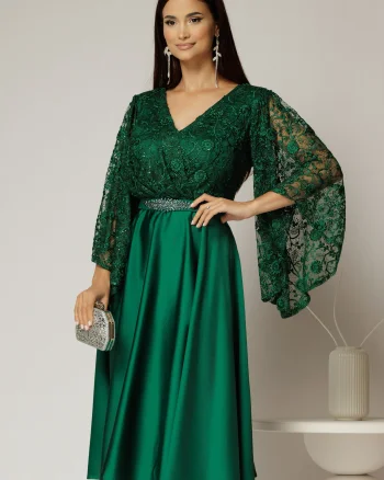 Rochie midi verde de ocazie din satin si dantela