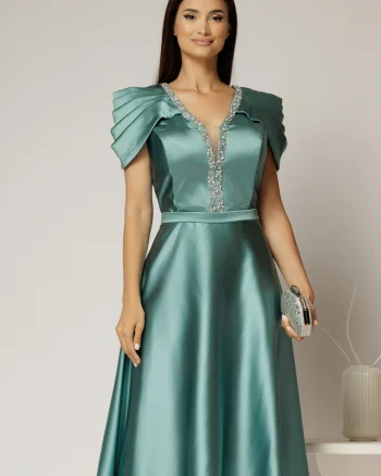 Rochie midi verde mint din tafta cu aplicatii la decolteu si pliuri la maneci