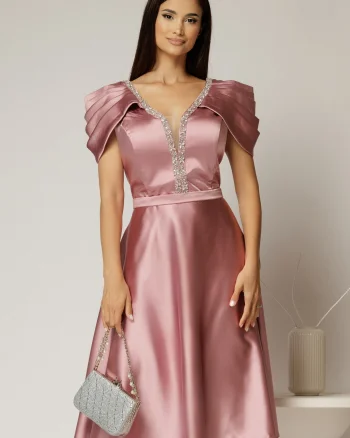 Rochie midi roz din tafta cu aplicatii la decolteu si pliuri la maneci