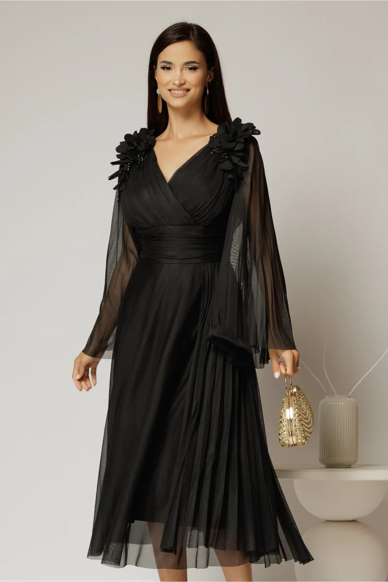 Rochie midi neagra de ocazie din tull cu aplicatii la umeri si decolteu petrecut
