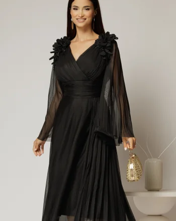 Rochie midi neagra de ocazie din tull cu aplicatii la umeri si decolteu petrecut