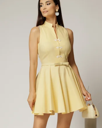 Rochie scurta galbena din poplin cu inchidere cu design la bust