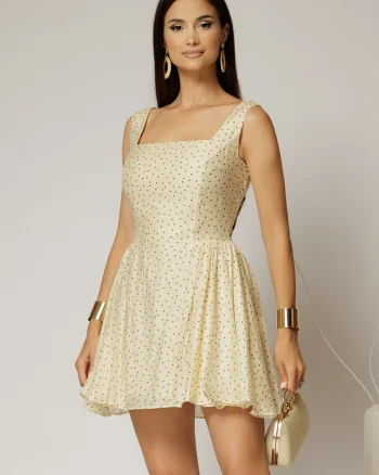 Rochie scurta gabena cu buline din tencel cu snur la spate si decolteu patrat