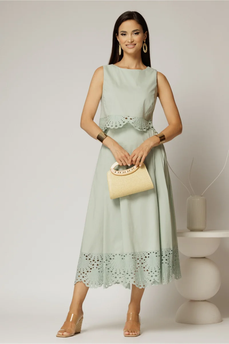 Compleu verde fistic din poplin format din fusta clos si top scurt