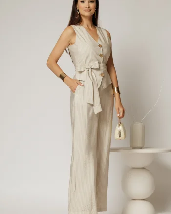 Pantaloni bej cu dungi din rayon cu croi lejer si cordon in talie