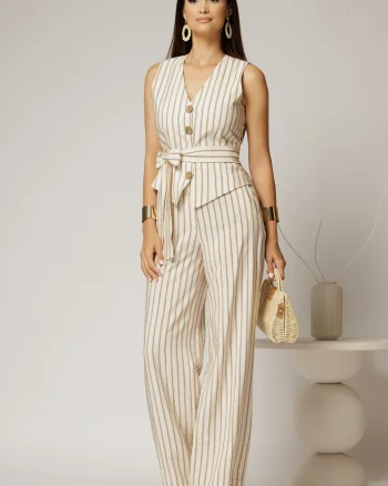 Pantaloni ivoar cu dungi din rayon cu croi lejer si cordon in talie