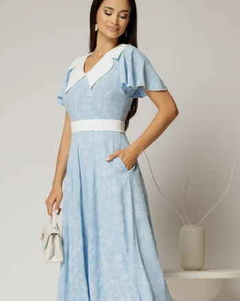 Rochie midi bleu cu floricele brodate si guler alb