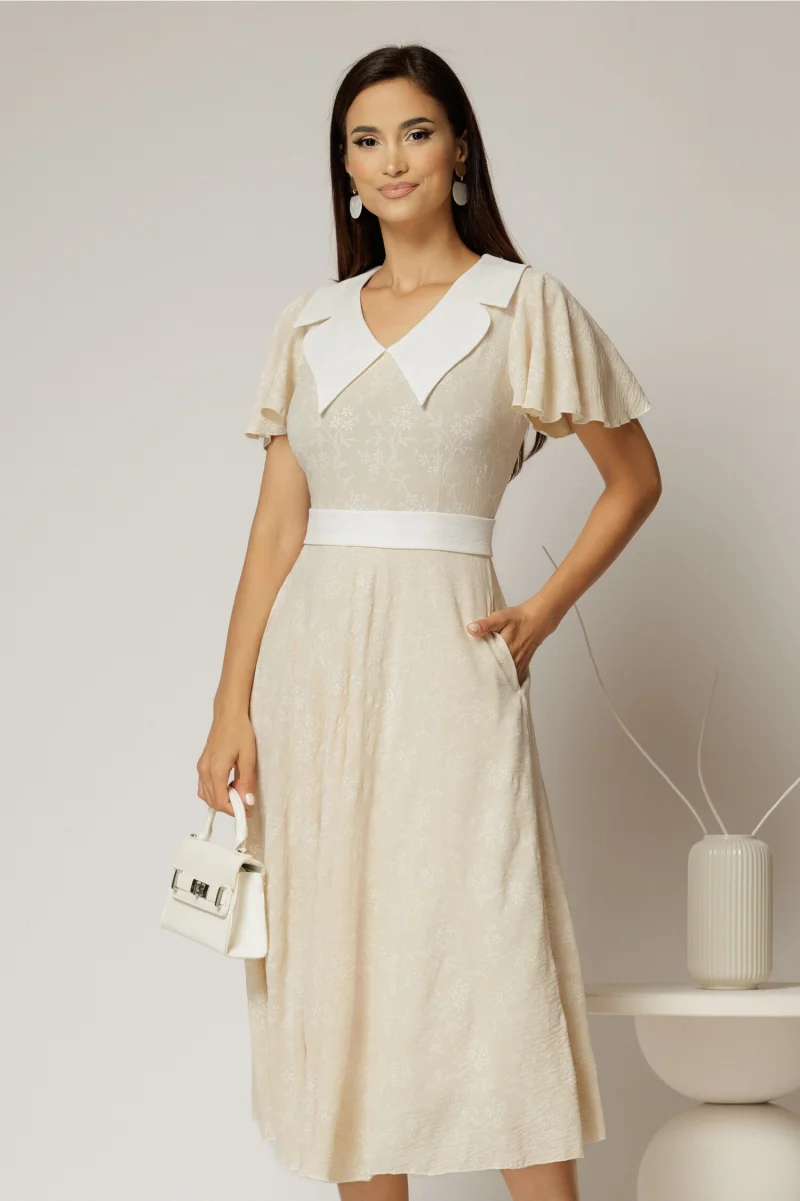 Rochie midi bej cu floricele brodate si guler alb