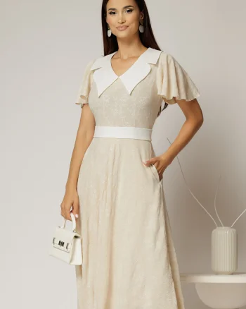 Rochie midi bej cu floricele brodate si guler alb