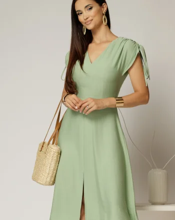 Rochie midi verde fistic din viscoza cu decolteu V si snur la maneci