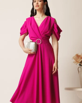 Rochie midi magenta din voal in clos cu decupaje la umeri si cordon in talie
