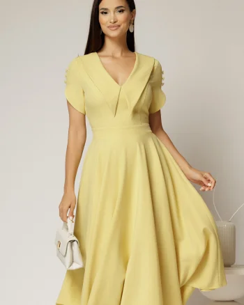 Rochie DY Fashion midi galbena cu guler ascutit si maneci scurte cu nasturi