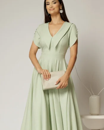 Rochie DY Fashion midi verde fistic cu guler ascutit si maneci scurte cu nasturi