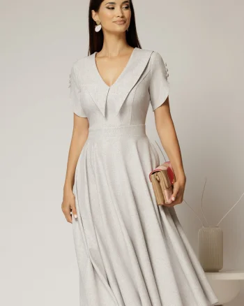 Rochie DY Fashion midi gri cu guler ascutit si maneci scurte cu nasturi