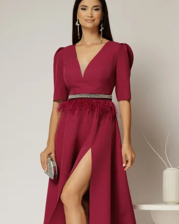 Rochie DY Fashion midi magenta cu cordon cu pene si perle in talie