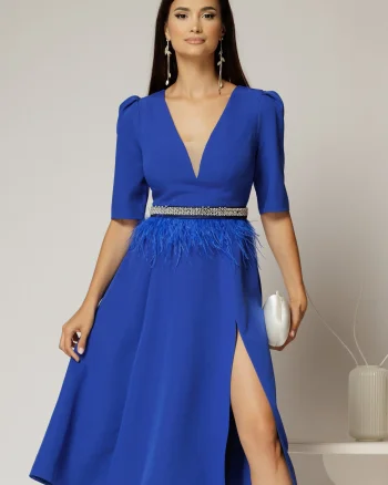 Rochie DY Fashion midi albastra cu cordon cu pene si perle in talie
