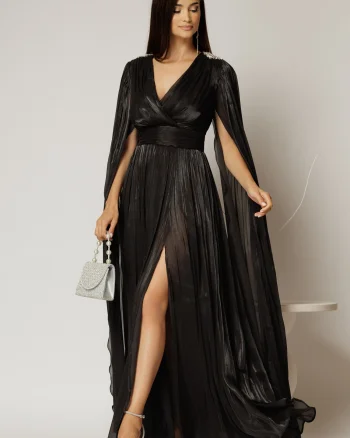 Rochie DY Fashion neagra de ocazie din voal peliculizat cu aplicatii pe umeri