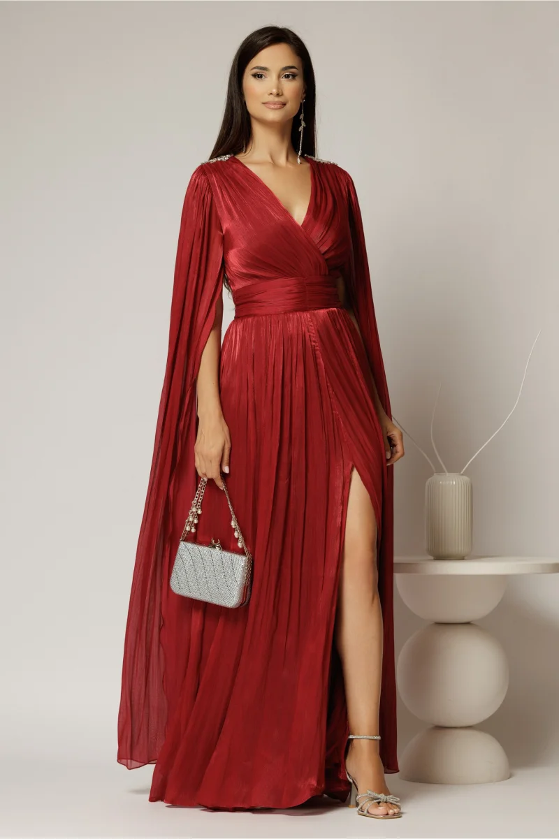 Rochie DY Fashion bordo de ocazie din voal peliculizat cu aplicatii pe umeri