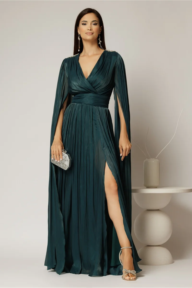 Rochie DY Fashion turcoaz de ocazie din voal peliculizat cu aplicatii pe umeri