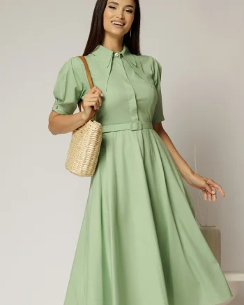 Rochie DY Fashion din poplin verde fistic cu guler dublu si nasture la guler
