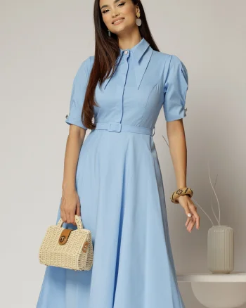 Rochie DY Fashion din poplin bleu cu guler dublu si nasture la guler