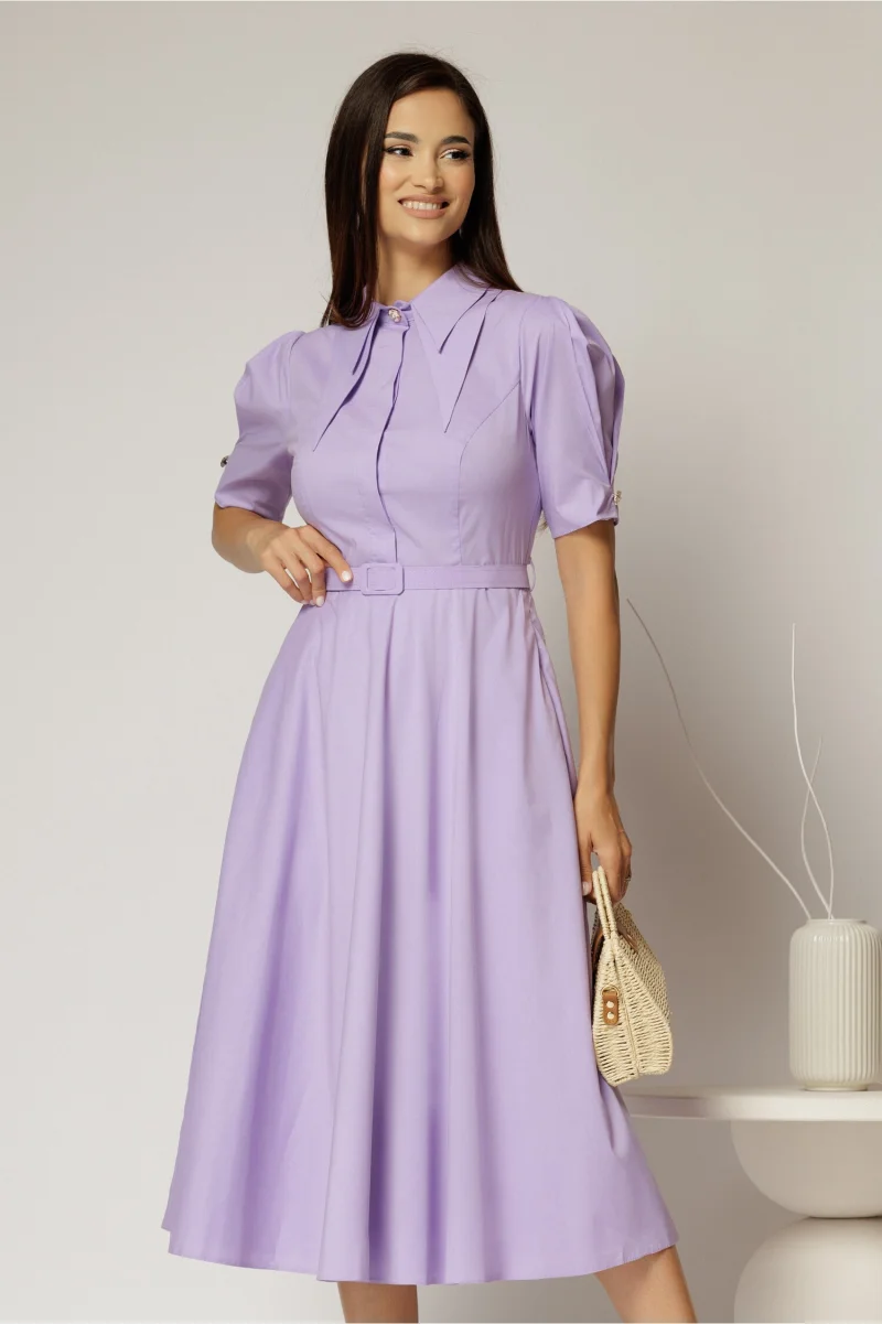Rochie DY Fashion din poplin lila cu guler dublu si nasture la guler