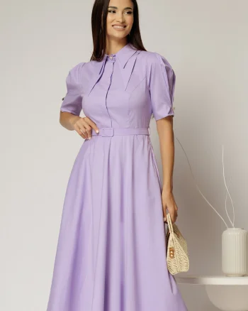 Rochie DY Fashion din poplin lila cu guler dublu si nasture la guler