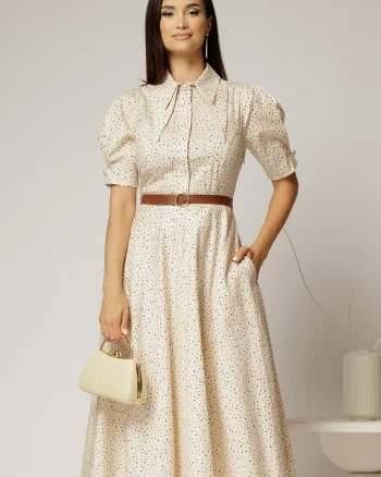 Rochie DY Fashion din poplin bej cu buline cu guler dublu si nasture la guler