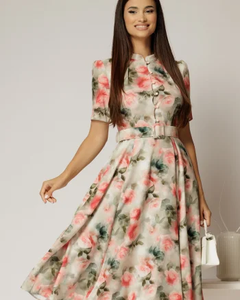 Rochie DY Fashion midi cu imprimeu kaki in clos din triplu voal cu nasturi la bust si curea in talie