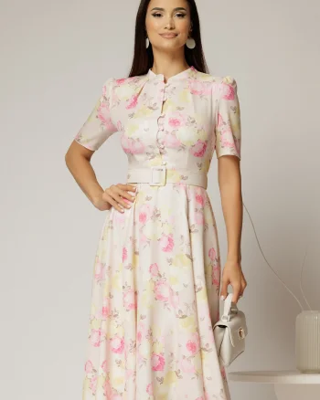 Rochie DY Fashion midi cu imprimeu roz in clos din triplu voal cu nasturi la bust si curea in talie