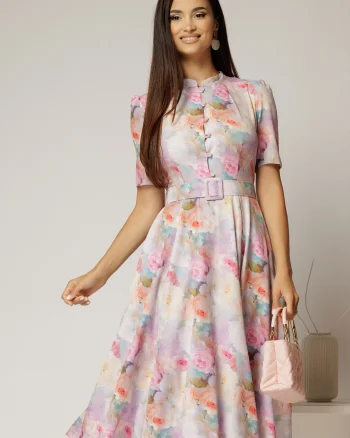 Rochie DY Fashion midi cu imprimeu lila in clos din triplu voal cu nasturi la bust si curea in talie
