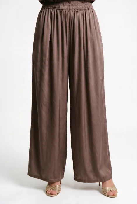 Pantaloni palazzo fluizi din matase si vascoza satinata, maro