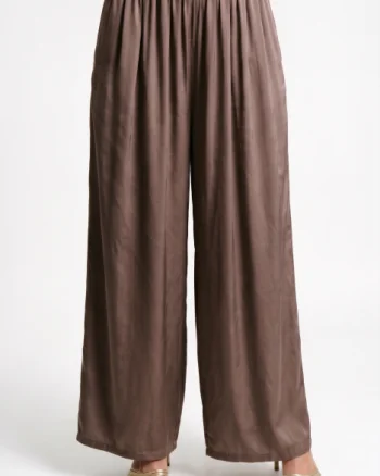 Pantaloni palazzo fluizi din matase si vascoza satinata, maro