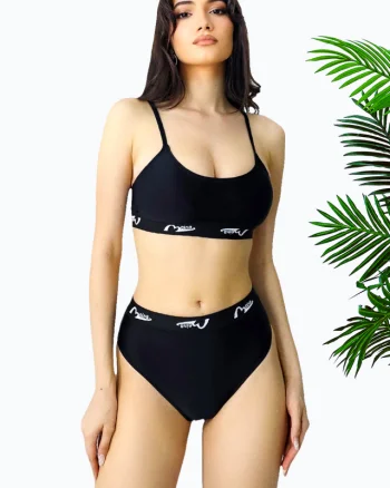 Costum de baie 3 piese MeYNA, slip tanga, slip brazilian si sutien sport, Negru